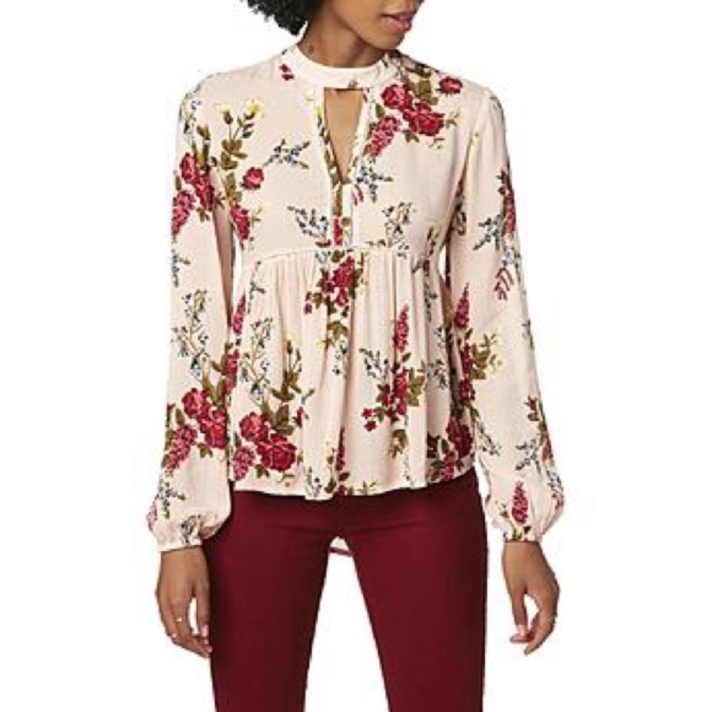 BONGO Floral Swing Top Women Choker Neck Keyhole Long Sleeve Crinkle Boho, Small